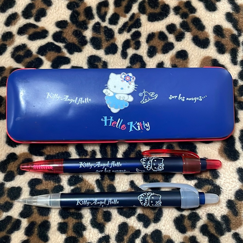 2002 Sanrio HELLO KITTY Blue Angel French Cafe Pencil Pen Case Y2K 2000s Vintage